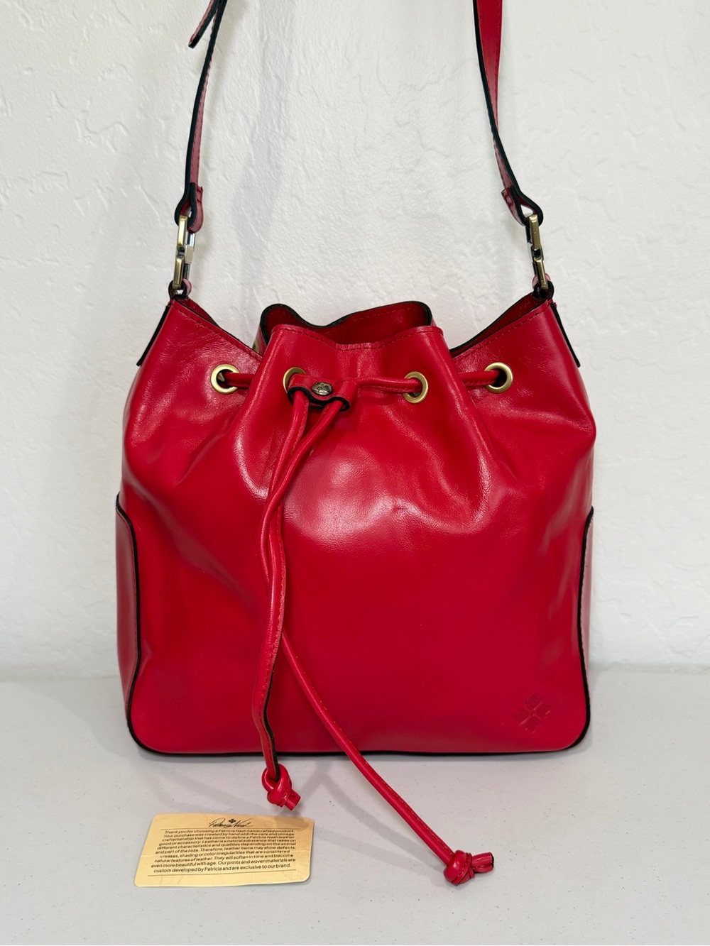 Patricia Nash Red Leather Drawstring Crossbody Bucket Bag